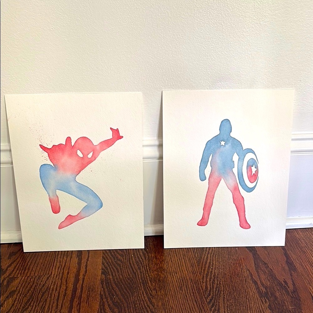 Superhero Watercolor Spider-Man captain America - Original Paintings 8 x 10